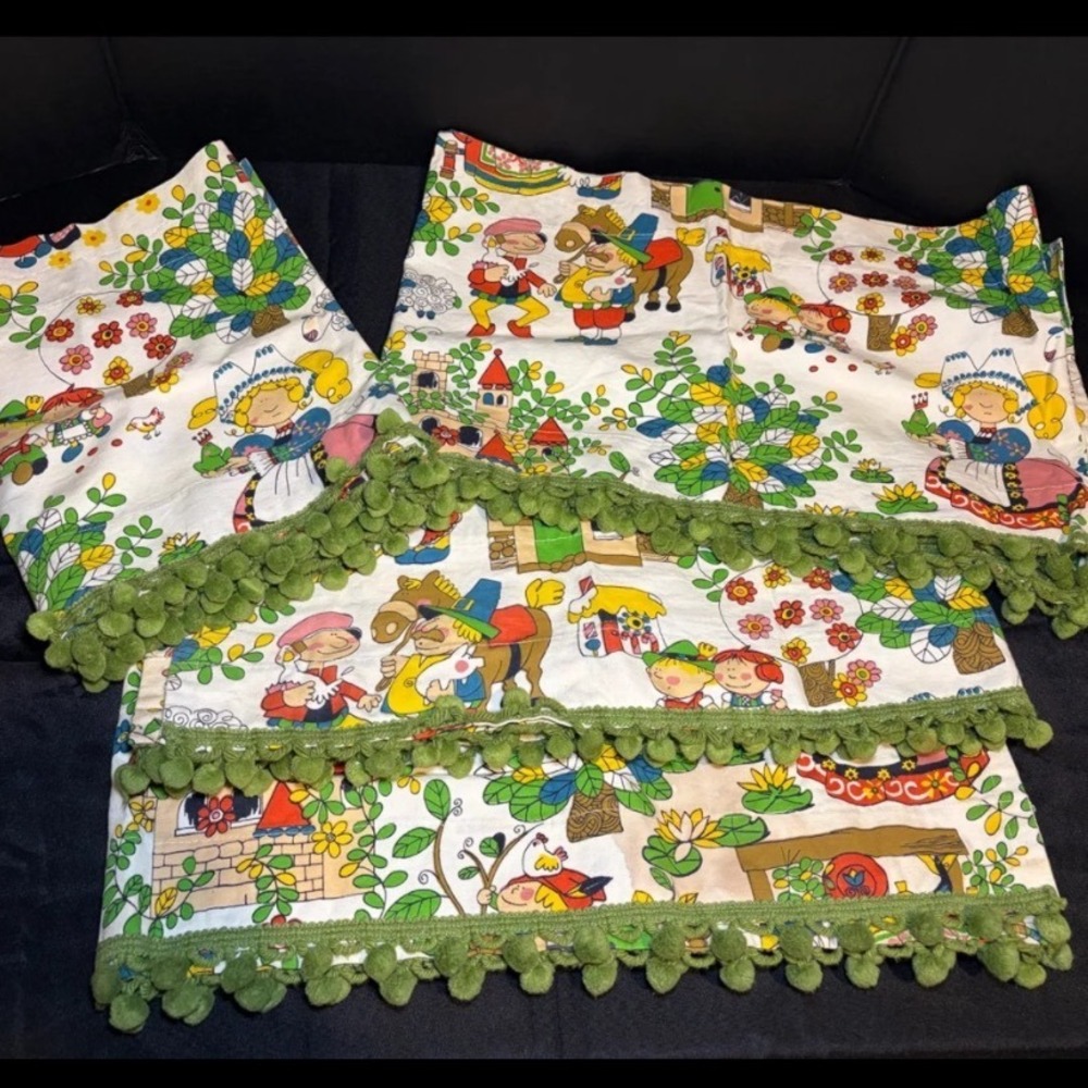 Vintage Storybook Fairy Tale Curtains Green Pom Pom Fringe 70s set of 4 panels